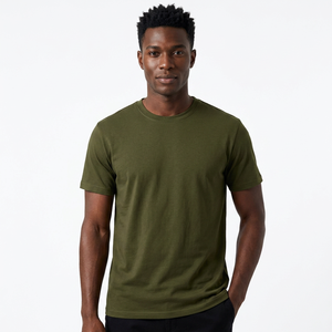 T-shirt en coton uni vert olive à manches courtes pour homme, coupe classique, col rond, tricot jersey, impression numérique, 180g, uni - Product Image 1