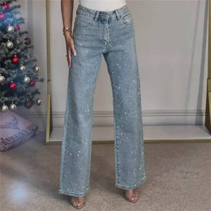 Jeans Dritti da <span class=keywords><strong>Donna</strong></span> <span class=keywords><strong>con</strong></span> Diamanti <span class=keywords><strong>Pantaloni</strong></span> Elasticizzati a Vita Alta Lavaggio Usurato <span class=keywords><strong>con</strong></span> <span class=keywords><strong>Tasche</strong></span> Denim Vintage Streetwear <span class=keywords><strong>Pantaloni</strong></span> Femminili - Product Image 2