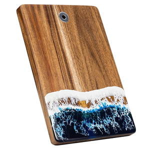 Planche à charcuterie en bois d'acacia avec logo personnalisable MIDAS, anneau en acier durable, résine époxy bleue, pour viande, fromage, pain, légumes - Product Image 1