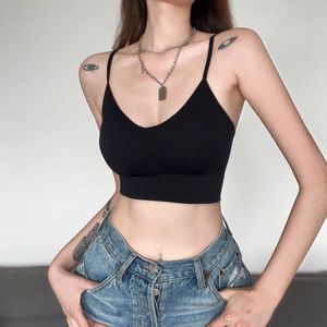 Top de soutien-gorge minimaliste pour femmes, couleur unie, dos croisé, décolleté bas, rembourré, coupe ajustée, polyvalent, débardeur intérieur - Product Image 5