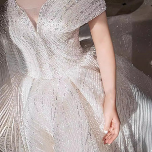 Dreamy Starry Sky Wedding Dress Off Shoulder Sweetheart Neckline Ball Gown High Waist Radiant Taffeta Beading Train Gown - Product Image 4