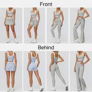 Ensemble de cinq pièces pour femmes, haut sans manches rembourré à blocs de couleur, jupe trapèze, shorts, leggings slim, pantalon large, yoga - Product Image 6