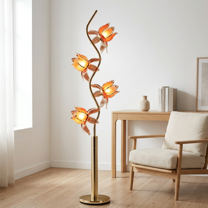 Lámpara de Pie Decorativa con Base Curva en Forma de Loto y Acabado Dorado Premium, Lámpara de Pie con Flor de Cristal para Decoración del Hogar - Product Image 4