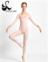 Maillot de Ballet de Manga Larga para Mujer, con Cuello con Volantes, para Gimnasia, Entrenamiento Diario, Danza