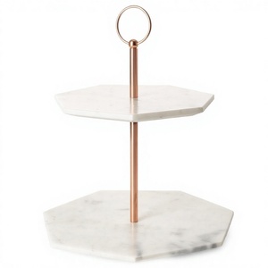 Support à gâteau à 2 étages en marbre blanc avec poignée en métal pour la décoration de mariage à domicile, supports de présentation de gâteaux de forme hexagonale - Product Image 1