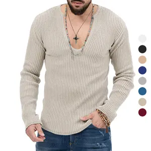 Camiseta de manga larga de diseño para hombre, cuello en V profundo, suéter de punto liso informal de otoño, camiseta de manga larga