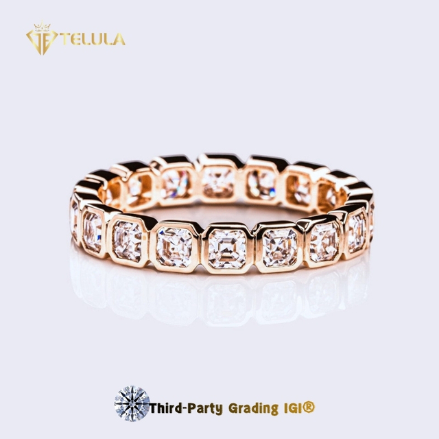 Telula Women's 10K 14K 18K Solid Yellow Gold Asscher Cut Lab Grown Diamond CVD IGI Certified Trendy Eternity Ring Band for
