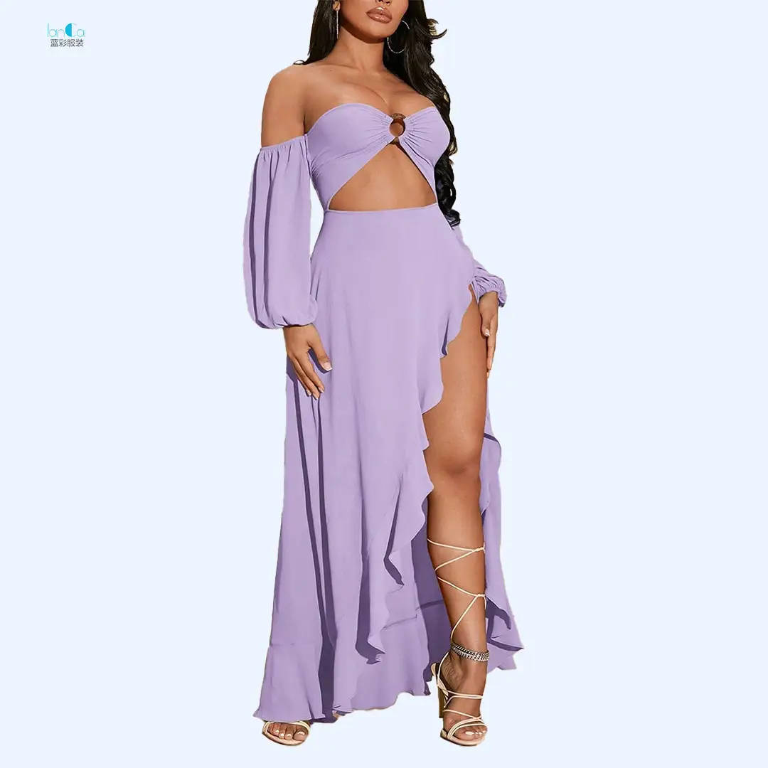 Lancai Aoxi Summer 2023 New French Elegant Purple Cotton Linen Lantern Sleeve Long Dress Casual Women's High Waist Dresses
