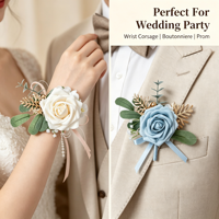 Set Bunga Buatan Dusty Blue Real Touch Rose, Corsage Pergelangan Tangan & Boutonniere, Cocok untuk Pengantin Wanita, Pengantin Pria, Pengiring Pengantin Wanita, Pengiring Pengantin Pria, Pernikahan