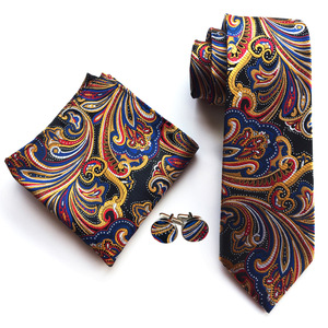 Conjunto de Gravata Masculina de Luxo 8cm para Negócios, Jacquard Preto e Dourado Listrado Xadrez Paisley, Lenço de Bolso e Abotoaduras, Presente para Casamento e Negócios - Product Image 3