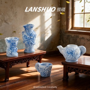 Lanshuo Resin Blue And White Porcelain <b>Tea</b> <b>Set</b> Miniature 3D Model For Home Decor And DIY Crafting - Product Image 1