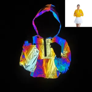 trendy polyester yellow pink cute lady casual wear hooded girl short iridescent reflective shiny puffer jacket hoodie clothes