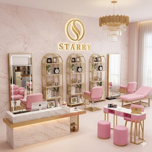 Juego de Muebles de Salón de Belleza Modernos, Duraderos y de Lujo en Oro Rosa con Espejo LED y Estaciones de Trabajo para Estilistas - Product Image 4