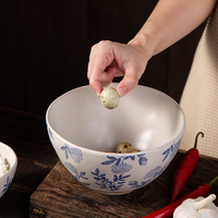 Nouveau design Bol en terre cuite peint à la main motif pissenlit, sous-glaçure, pour riz, salade et ramen, compatible micro-ondes, en céramique