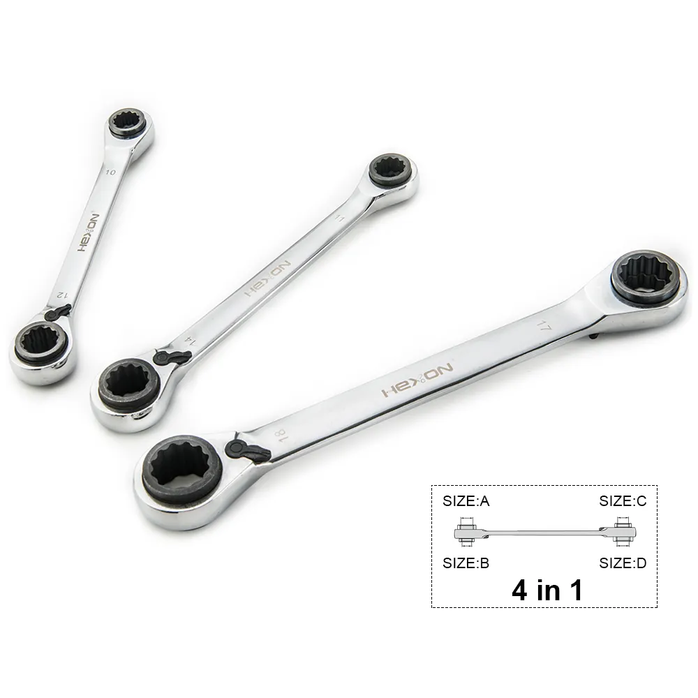 4 In 1 CRV Carbon Steel Reversible Double Box End Ratchet Ratcheting Gear Wrench Set