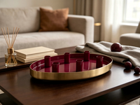 Plateau ovale en métal pour bougies avec 6 coupelles à bougies, plateau rouge et bord doré, candélabre décoratif pour table