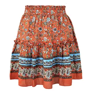 Summer Plus Size Double Elastic Skirt Women'S Print Skirt Bohemian Ethnic Style Flounce Pleated Skirt