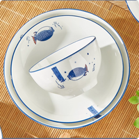 Service de vaisselle en porcelaine haute température, bleu et blanc, design classique japonais, personnalisable, compatible micro-ondes