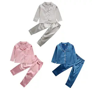 Ensemble pyjama en Satin de soie pour bébés garçons et filles, vêtements de nuit pour enfants, haut, pantalon, manches longues, couleur unie,