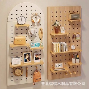 Solid Wood Pegboard <b>Wall</b> Panel Rectangle <b>Wall</b> <b>Mounted</b> Storage <b>Shelf</b> For Entryway And Kindergarten Display - Product Image 4