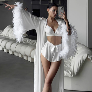 Pink Feather Trim Long Robe <b>Set</b> Women's Sexy Satin <b>Bikini</b> Panties Two-Piece Lingerie Sleepwear - Product Image 6