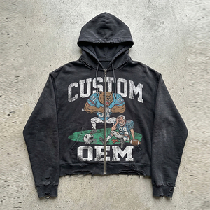 เสื้อฮู้ดดี้ผู้ชายแบบซิป OEM สั่งพิมพ์ลายตามต้องการ สไตล์ดิจิตอลพิมพ์ลายขาดๆ แบบโอเวอร์ไซส์ สตรีทแวร์ ผ้าหนา 400 GSM - Product Image 2