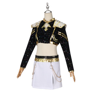 Traje de actuación Kpop Starry Romance, Top corto con lentejuelas en negro y dorado con falda blanca para mujer, ropa de escenario - Product Image 3