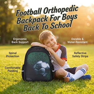 Sac à dos scolaire orthopédique de football pour enfants, imperméable, réfléchissant, protection de la colonne vertébrale, pour garçons, 14L, vente en gros - Product Image 1