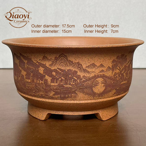 Maceta de bonsái sin esmaltar de arcilla púrpura Yixing clásica, diseño de círculo tallado a mano para el suelo del jardín del hogar, centro comercial, macetas - Product Image 2