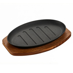 Produit Tendance 2026 <span class=keywords><strong>Plaque</strong></span> <span class=keywords><strong>de</strong></span> cuisson ovale commerciale en fonte <span class=keywords><strong>pour</strong></span> steak avec support isolant en bois - Product Image 1
