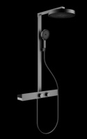 Système de douche moderne en laiton brossé or rose avec barre plate, robinet thermostatique, douche pluie, étagère de rangement et porte-serviettes