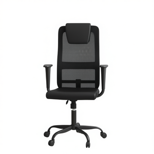 Silla de oficina de malla negra con reposacabezas integrado y reposabrazos fijos para uso comercial - Product Image 1