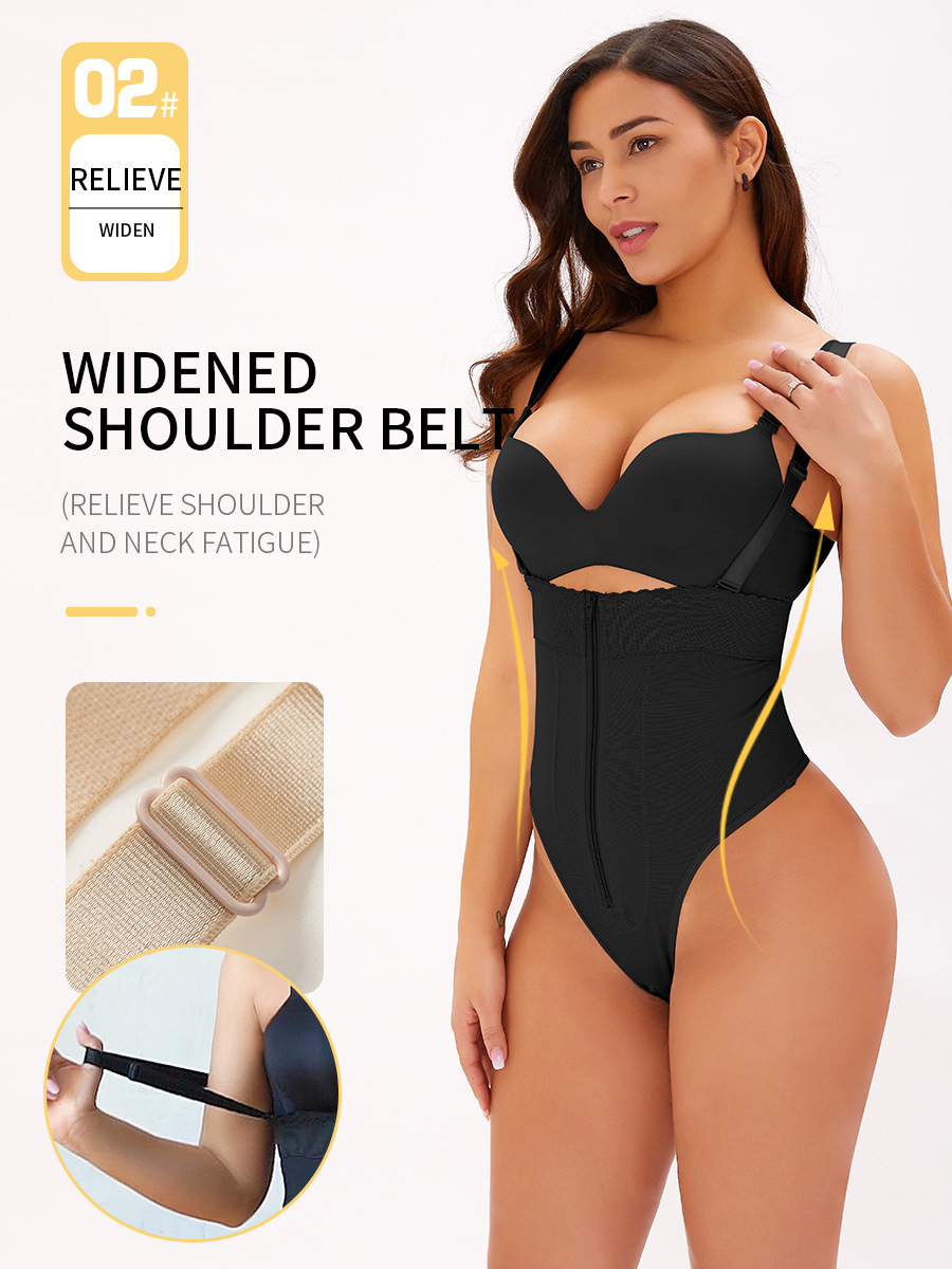 Zipper-Front Adjustable-Strap Tummy-Control Thong (LJ-D067B): back view showing seat coverage and shaping construction