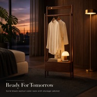 Porte-manteau sur pied en bois de noyer noir Olid avec armoire de rangement et barre à chapeaux pour chambre à coucher