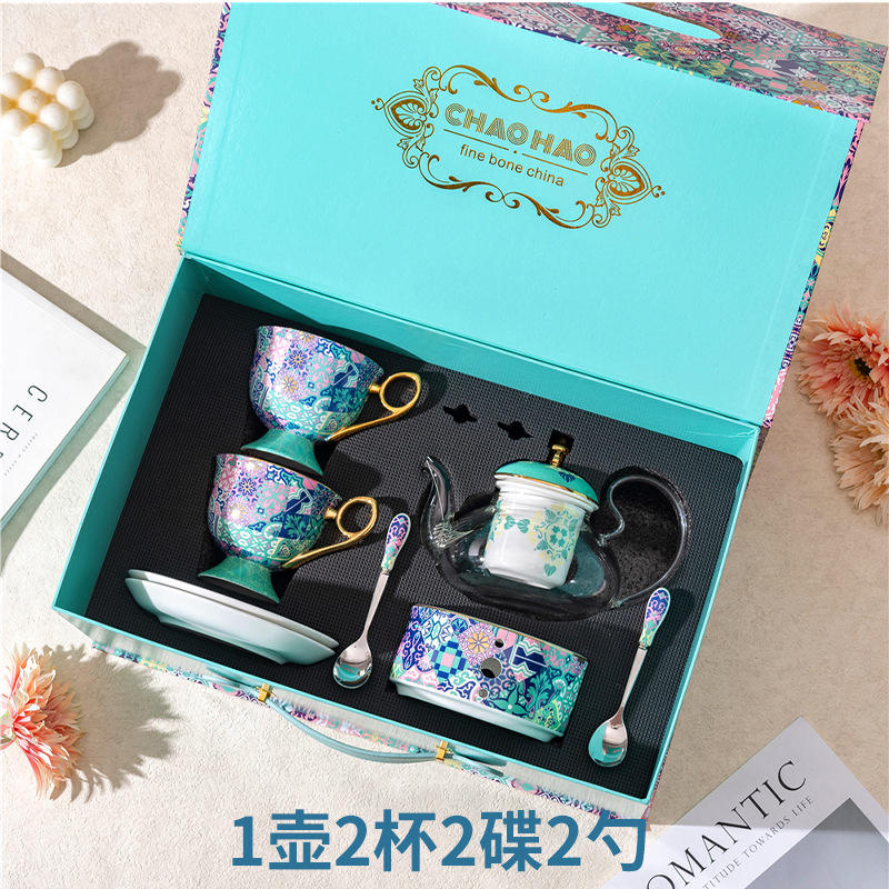 Tall flower tea set  (1 pot, 2 cups, 2 saucers, 2 spoons)