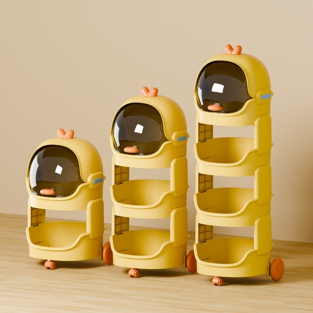 Cartoon Plastic 3-Layer Movable Children's Toy & Snack Storage Rack with Book Organizer