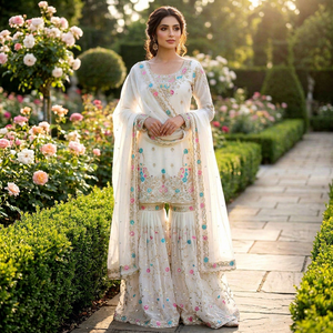 Ensemble de robe de mariée pakistanaise élégante en soie blanche brodée, tenue traditionnelle indienne ample et longue pour femmes - Product Image 1