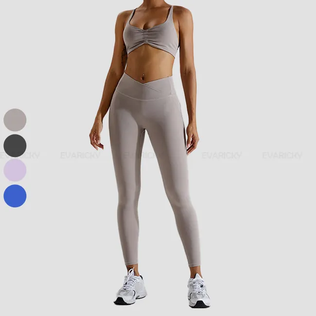 2024 musim semi kustom baru pakaian kebugaran wanita depan Kerut olahraga Bra silang pinggang tinggi Butt Lift Gym legging latihan Yoga Set