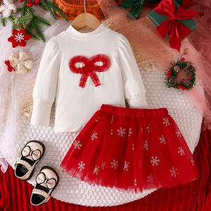 2025 Meisje Kerstoutfit Set Witte Strikken Shirt Met Lange Mouwen + Tutu Rok 2 Stuks Kleding Set - Product Image 2
