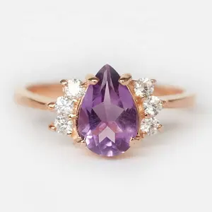 精致s925银锆石订婚戒指女性天然水晶梨切割正品紫水晶戒指