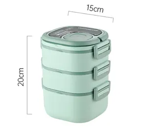 Contenedor de comida de plástico cuadrado apilable de 3 capas de 1840ml, juego de caja Bento de almuerzo portátil con tazón de salsa y compartimento de Metal