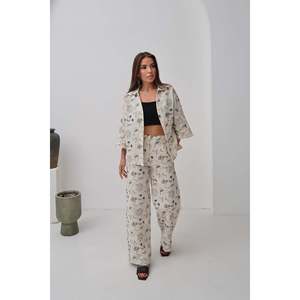 Conjunto de Pijama de Lino para Mujer, Beige, Bordado, Manga Larga, Casual, Suave, Tejido, 2 Piezas - Product Image 6