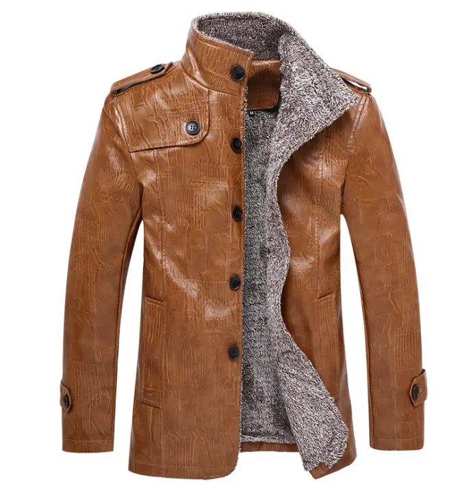 Men's fur one leather plus velvet thickening long section PU jacket coat wholesale men jackets