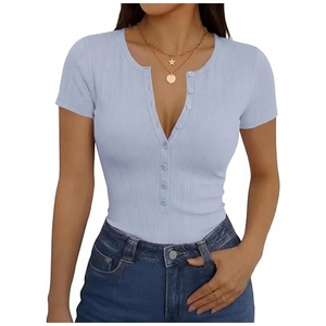 Camisetas de <span class=keywords><strong>Manga</strong></span> <span class=keywords><strong>Corta</strong></span> para <span class=keywords><strong>Mujer</strong></span>, Estilo Henley, Cuello en V, con Botones, Ajustadas, Elásticas, de Color Sólido - Product Image 6