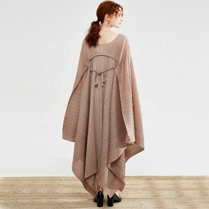 <span class=keywords><strong>Robe</strong></span> plissée froncée décontractée pour femmes, tenue de bal à rayures et à col rond, manches longues, couleur unie, été, 2020 - Product Image 5
