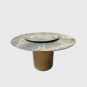 KINGS-WING Blue Roman Modern Minimalistic Dining Table Custom Wholesale Marble Round Rotate Table Furniture For Living Room