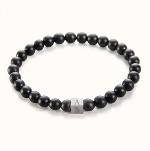Inspire Jewelry Stainless Steel New Design Waterproof Non-Tarnish Men's Beaded Initial Bracelet Black Onyx and Brown Tigers Eye