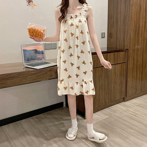 Tête d'ours <span class=keywords><strong>chemise</strong></span> <span class=keywords><strong>de</strong></span> <span class=keywords><strong>nuit</strong></span> femmes été bretelles un cou pyjamas <span class=keywords><strong>coton</strong></span> mince mignon filles maison porter - Product Image 3