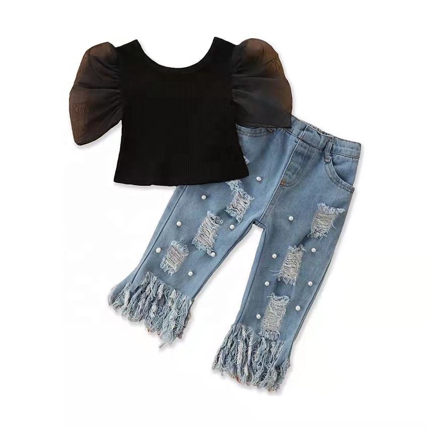 Fashion Hot Girl Clothing Sets Puff Sleeve Shirt Pearl Bead Denim Pant 2pcs Baby Girls Outfits 