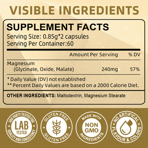 Cápsulas de Suplemento de Complejo de <span class=keywords><strong>Magnesio</strong></span> de Marca Privada |   Glicinato Malato Óxido 3 en 1 240 mg, para la Salud Nerviosa y Muscular - Product Image 2